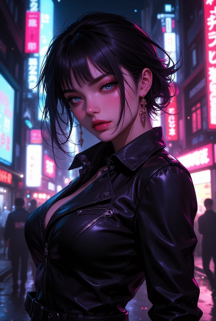 ((Best Quality:1.2, 8k,f/1.8,HDR, Sharp Focus:1.2, photo realistic:1.4, Masterpiece, depth:1.2, super fine :1.2, Ultimate 1Girl, Highly Detailed Facial Textures, detailed beauty makeup: 1.4, realistic skin, detailed eyes, detailed bangs)), (leather jacket), (leather pants), (headphones), (holding weapon), absurdity, (night city background), (dark clouds), (spotlight), (black and red two-tone asymmetrical short hair), ((glaring)) , (big breasts), (mans surrounding girls: 1.4), from above