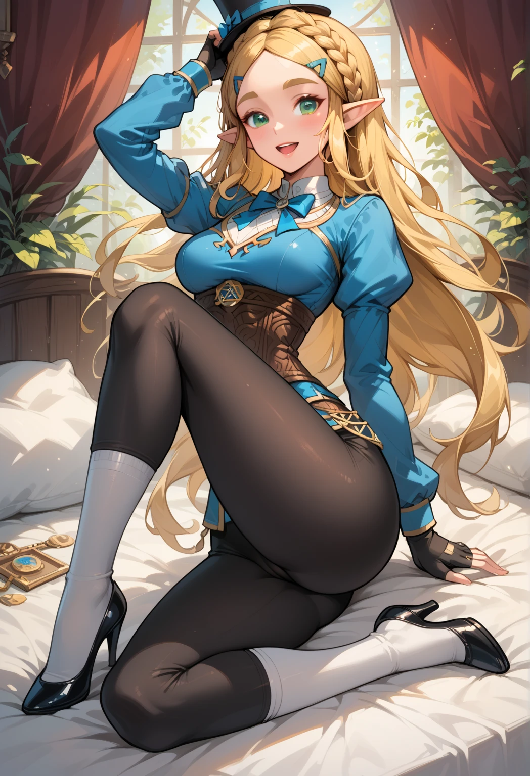 aazelda, long hair, pointy ears, blue eyes, blonde hair, Bimbo, Makeup, Lipstick (blue), (extremely detailed CG unity 4k wallpaper),(masterpiece),(best quality),(ultra-detailed),(best illustration),(best shadow),(absurdres),(detailed background), Fancy castle bedroom, Submissive smile, Wide hips, Thick thighs, big ass, Big breasts, Jewelry, High heels (Gold), Nightgown, slave collar, 