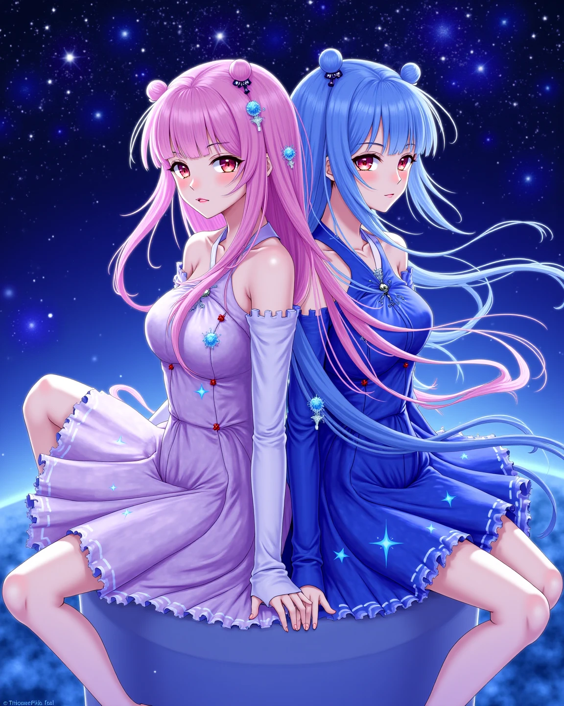 Anime woman illustration at night with her galaxy cat