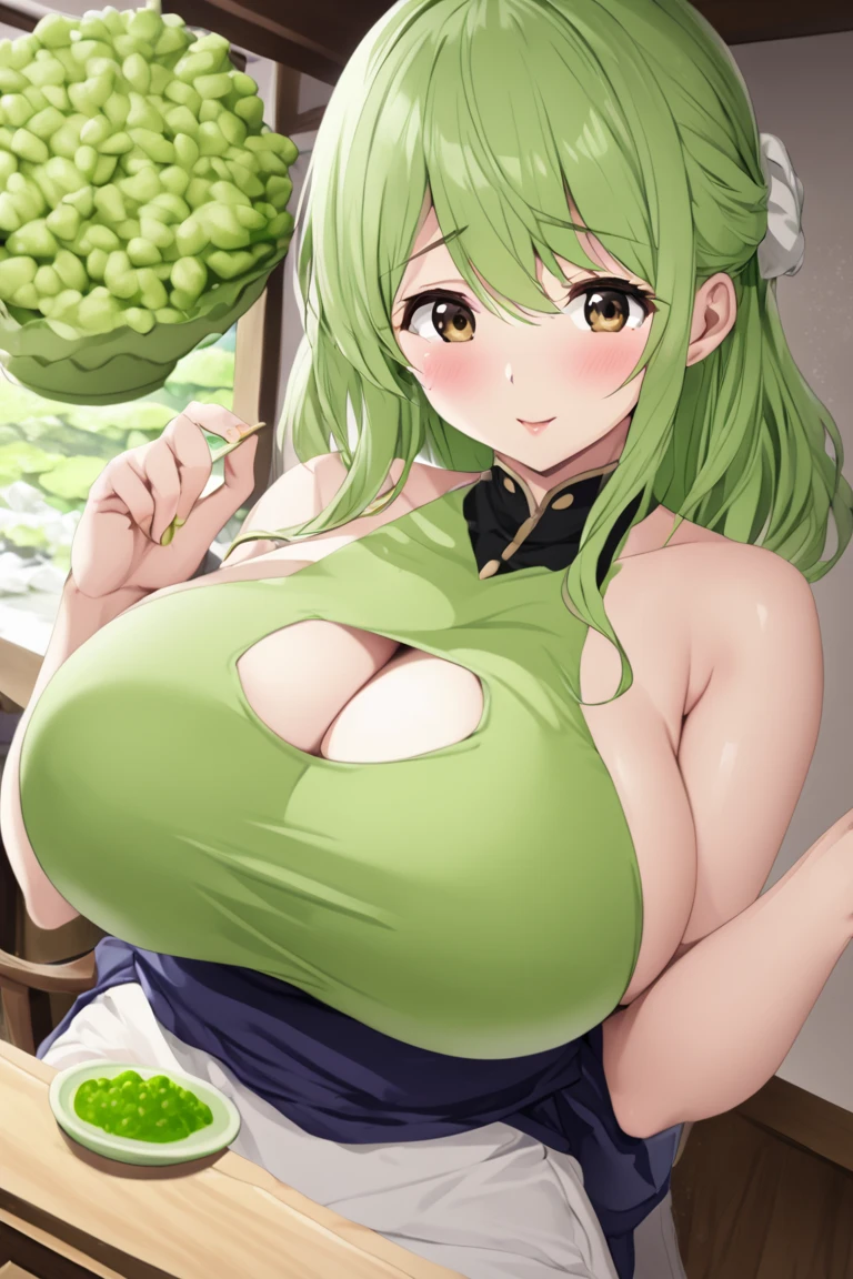 ((masterpiece,best quality)), caroline\(stardew valley\), eating, force feeding herself, long hair, Green hair, green eyes, @_@, medium breasts, Blue blouse, brown long skirt, shop, behind Cash register, indoors, chubby, mom body, wide thighs, bbw, stardew valley, clothes ripping, no glasses, happy smile, surprised face