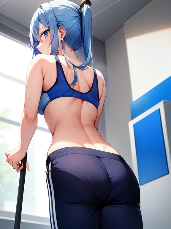 Beautiful blue straight haired woman with bright red eyes, Wearing sexy panties, She looks down on the viewer with a cute smile, Highly detailed and realistic, masterpiece quality, Very detailed, High resolution, Studio Lighting, Vibrant colors, Physically Based Rendering, Thick and muscular thighs, Beautiful muscular thighs, Very strong wrestler,((Raise your arms, Expose your armpits)), (Looking back, Big Ass)