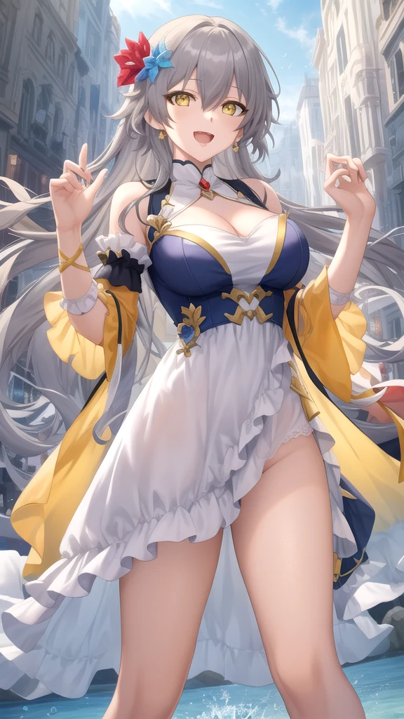 full-body close-up, create an elegant atmosphere), white short skirt, white hair shawl, graceful flowing, elegant movements, lustful smirking smile expression (red blush), floating in the air, (1girl), slim figure)