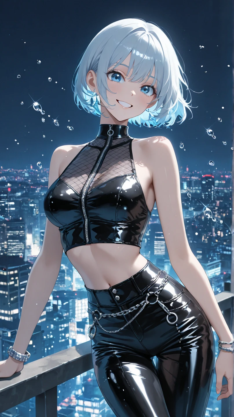 Sora Ginko, null　silver,short hair, Silver Hair, blue eyes, hair band,happy smile, smile, Open your mouth,Blue Tank Top,Heart Necklace,skinny pants,Stiletto heels,Daytime,Clear skies,Walking,whole bodyがイラストに入るように,　　　　　　　　　　　　　　　　　　break looking at viewer, whole body, 　　　　　　　　break outdoors, Building district, 　　　　　　　　　　　break (masterpiece:1.2), Highest quality, High resolution, unity 8k wallpaper, (shape:0.8), (Beautiful and beautiful eyes:1.6), Highly detailed face, Perfect lighting, Extremely detailed CG, (Perfect hands, Perfect Anatomy),ginkgo, blue eyes, Silver Hair, 