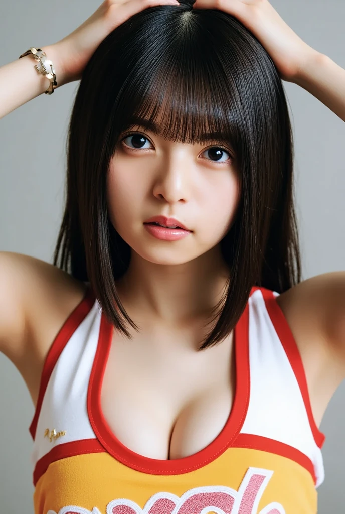 High resolution、Highest quality、masterpiece 、Ultra-High resolution、(Realistic:1.4)、RAW Photos、1 Girl、Black Hair、Shiny skin、playwright、whole body、Bitch、whole body写真、Shiny pink and black swimsuit、Wet、Huge breasts、Wet体