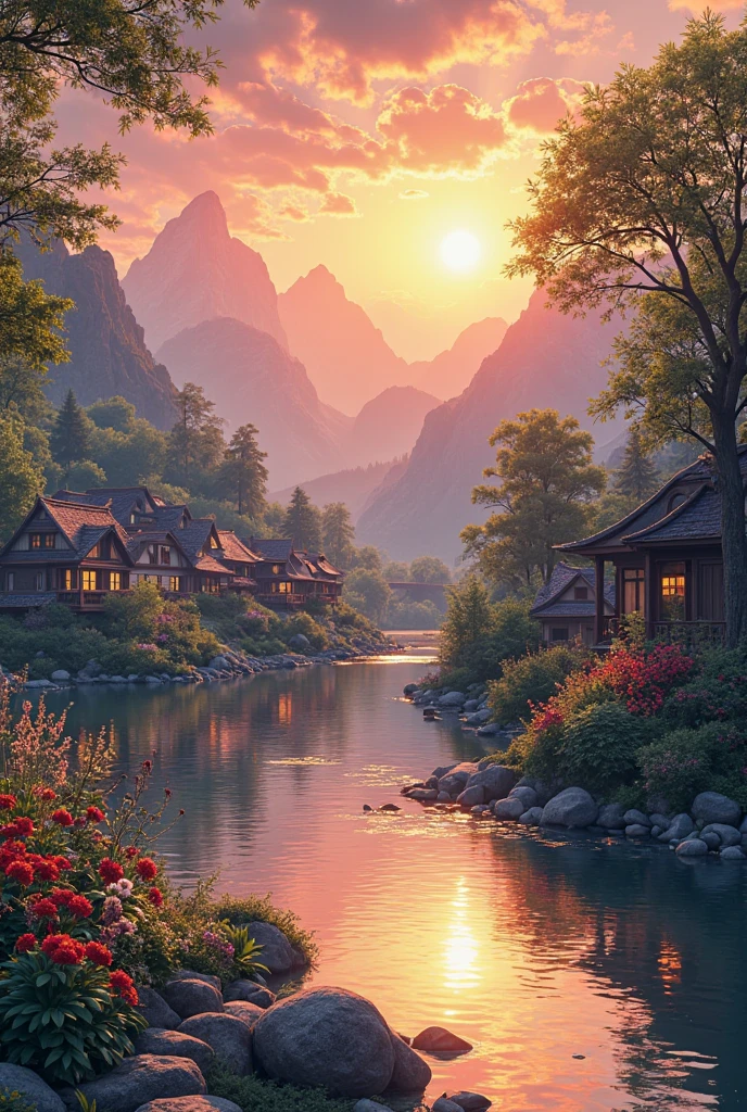 A small village by the river，Mountains in the background，Flowers in bloom，brightly colored， Detailed Scenery ， Beautiful natural landscape ，Mood lighting，Scorching sunset，Warm colors，practical，practical摄影， Detailed Leaves，Complex buildings， cobblestone streets ， Charming country house ，swirl，dense vegetation，Still water reflections，Picturesque，Leisure and tranquility，artworks，best quality，8k， Extremely Detailed，anime style