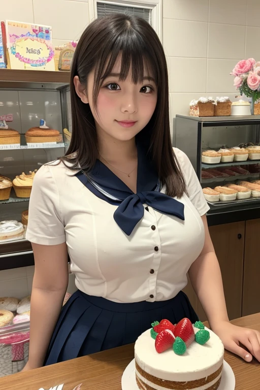 Busty Japanese woman working at a bakery、cute、Exhibitionism