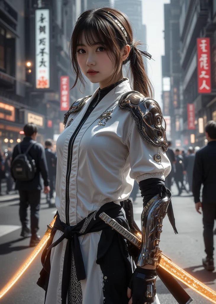 ultra realistic full body photo  ,  young girl ，身穿龐克風连帽  Knights Templar裝,  I have an orange glowing sword , I can see my beautiful belly  、  Knights Templar，   with the cyberpunk cityscape in the background  