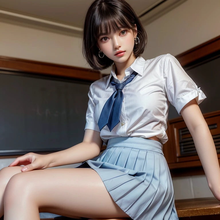 absurderes, Raw photo, Extremely delicate and beautiful, masutepiece, Best Quality, Ultra High Resolution, 16 K, hyper realisitic, Ultra-detailed, (Perfect Anatomy), super detailed skin, Perfect figure, Very detailed CG 8k wallpaper, in her 20s, Very slim body, Narrow waist, Very small head, Very small face, Delicate facial features, tear moles, Earring, thin legs, (very massive round chest), (3 girls), Full body shot, Short hair, Wavy Hair, ((School uniform)),