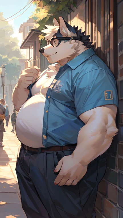 Wolf personification、、Silver fur、Sharp Eyeasterpiece、Highest quality、Detailed Background、Walking around the city