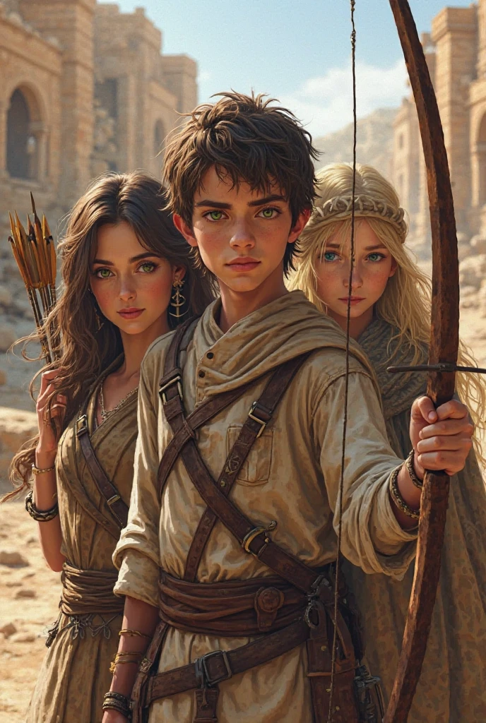 A real young adult trio armed with a bow and arrow with ruins in the background. A North African man with green eyes and short brown hair. An Arab woman with long brown hair,  brown eyes. A blond woman with blue eyes.