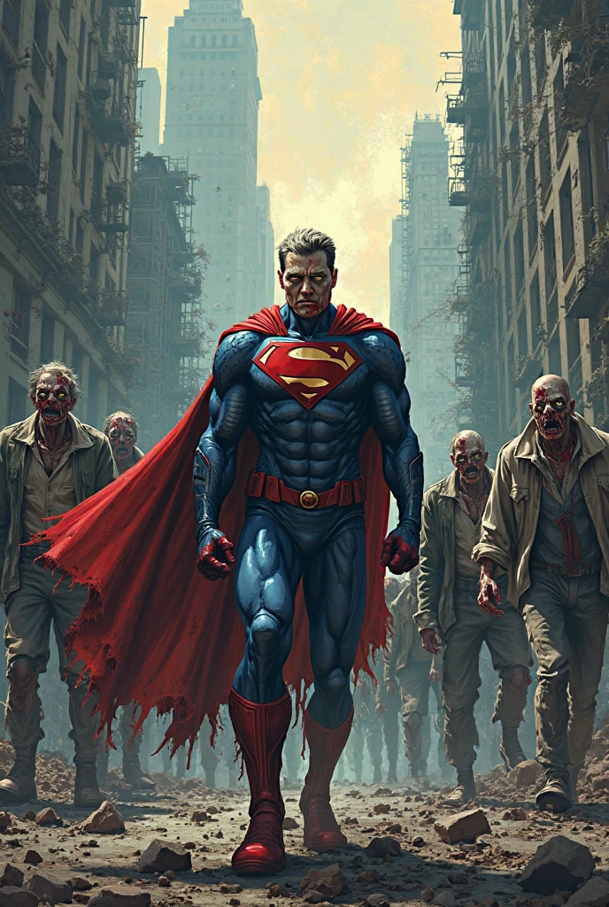 (A horde of undead, rotten, zombied, superheroes) rise from the ground and shamble towards Superman who is praying on a moonlit night, ruins of Tokyo
