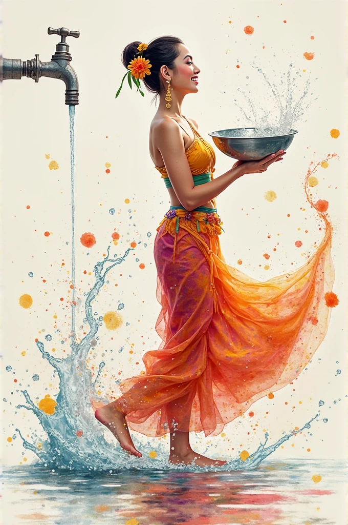 n the world of watercolor, beautiful Thai womanswearing a traditional Thai dress (chut thai), joyfully splashing water during Songkran festival. Her outfit is colorful and elegant, flowing with gentle fabric. Her pose is graceful, mid-motion with water splashing from a silver bowl. The water is stylized with flowing brushstroke textures and vibrant watercolor splashes, in the same soft pastel palette as the background. She has a warm smile and flowers in her hair, with the sun or soft glowing light behind her. Artistic, dreamy, watercolor and brush painting style.，Its body is curved and fluid，Every line drawn exudes vitality，Abstract faucet，Artistic  body lines，The soft texture of watercolor，The rendering of color makes the whole picture full of movement，（（s fractal art）），（（tmasterpiece，best qualtiy，extremely detaile，超高分辨率，detailedbackground）），（（（abstract backgrounds））），（（a color）），blossoms，Every drop of ink blends with the pigment，It's all the collision and release of the artist's soul。