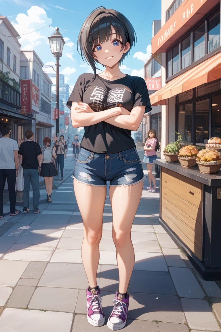 masterpiece,
1girl, casual clothes, large breasts, short hair,
dark skin, red eyes, hair black, giant breast