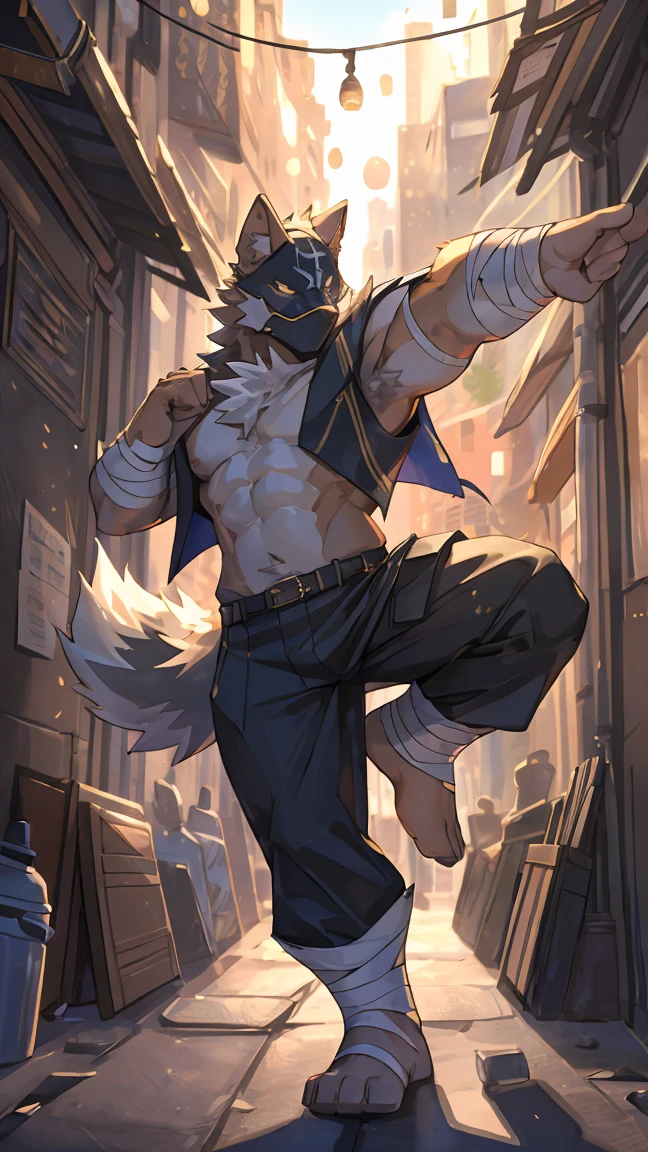 (hairy_Art), e621, aldult content, Mature, low-key Light, From littleblackalas, National Foundation, extremely_deTailed, closure up, drawing of pure (Changed), (extremely deTailed:1pure, mask, pure_(Changed), aldult), (Dynamic poses: 1.5) anthropology_Wolf, arm bandage, Black Long Overalls, Large target_Convex, bandage, Tiny_head, only, broad_Shoulder, Large target_Body, Tail, very long leg, Long arms, very high, muscular_Body, Grey vest, (Flexion position: 1.3), Low photographic angle, front_view_Throw, Open_leg, closure_up_shooting, Warm_Lighting, Light_Flare, volume_Light, Alley, street Lights, Male focus, yofukashi background., best quality, masterpiece, midsummer, Expressive, (Bokeh:1.3), Depth of Field.