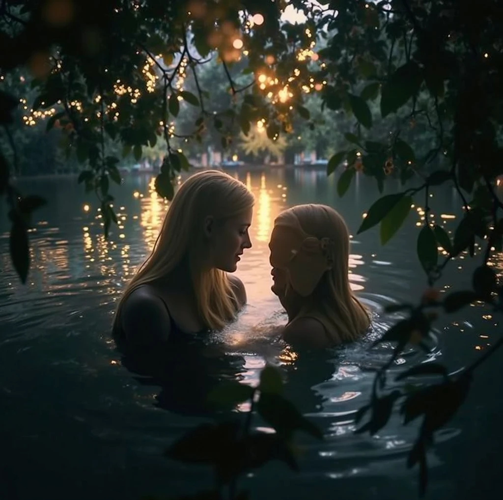a young white man, a young white female, beautiful detailed eyes, beautiful detailed lips, floating hair, swimming, swimming underwater, underground cavern river, glowing vegetation, photorealistic, 8k, hyperrealistic, cinematic lighting, dramatic shadows, surreal, ethereal, dreamlike, fantasy, vibrant colors