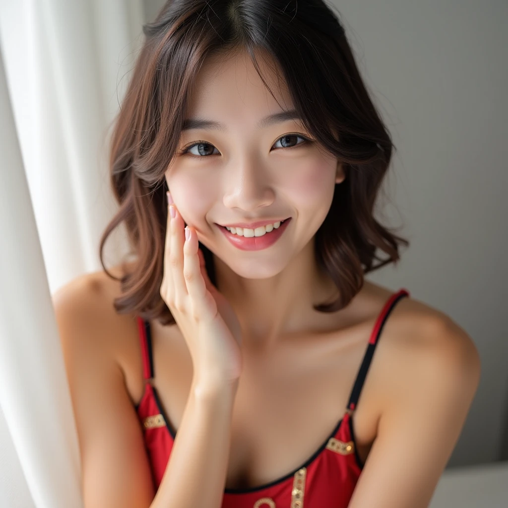A 20-year-old with a cute idol-like face　smile gently　rather large bust　In underwear　holding a glass of red wine　Standing on the balcony of an apartment building late at night　Raw photo　genuine　real　High definition　Do not display copyright