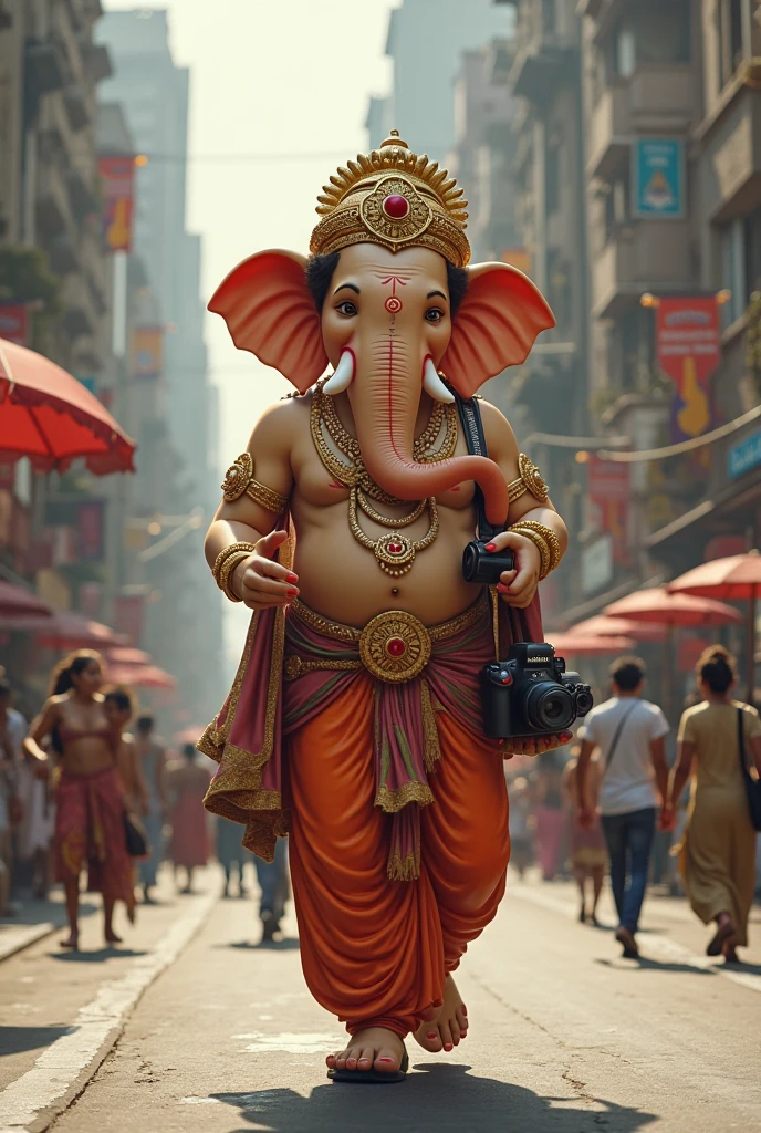 "Imagine Ganesh Ji, the revered Hindu deity, strolling down a bustling road. He holds a colorful umbrella in his hand, which contrasts with his traditional attire and the lively urban backdrop. The scene blends the divine with the everyday, showcasing Ganesh Ji's serene presence amidst the modern world.