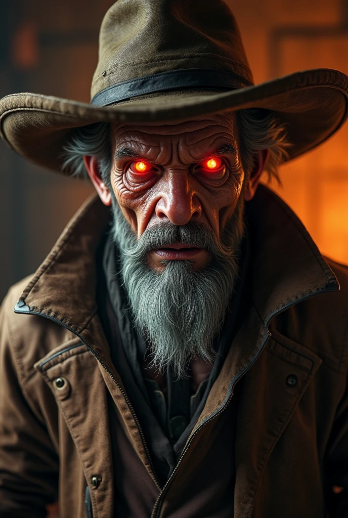 Scary old freddy krueger type man with wrinkled face, with a big pointy nose and red lights in the eyes,big hat and a medium white beard