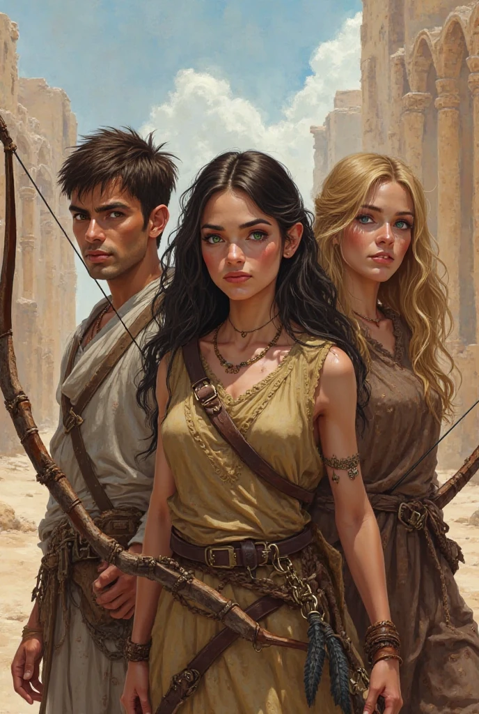 A real young adult trio armed with a bow and arrow with ruins in the background. A North African man with green eyes and short brown hair. An Arab woman with long brown hair,  brown eyes. A blond woman with blue eyes.