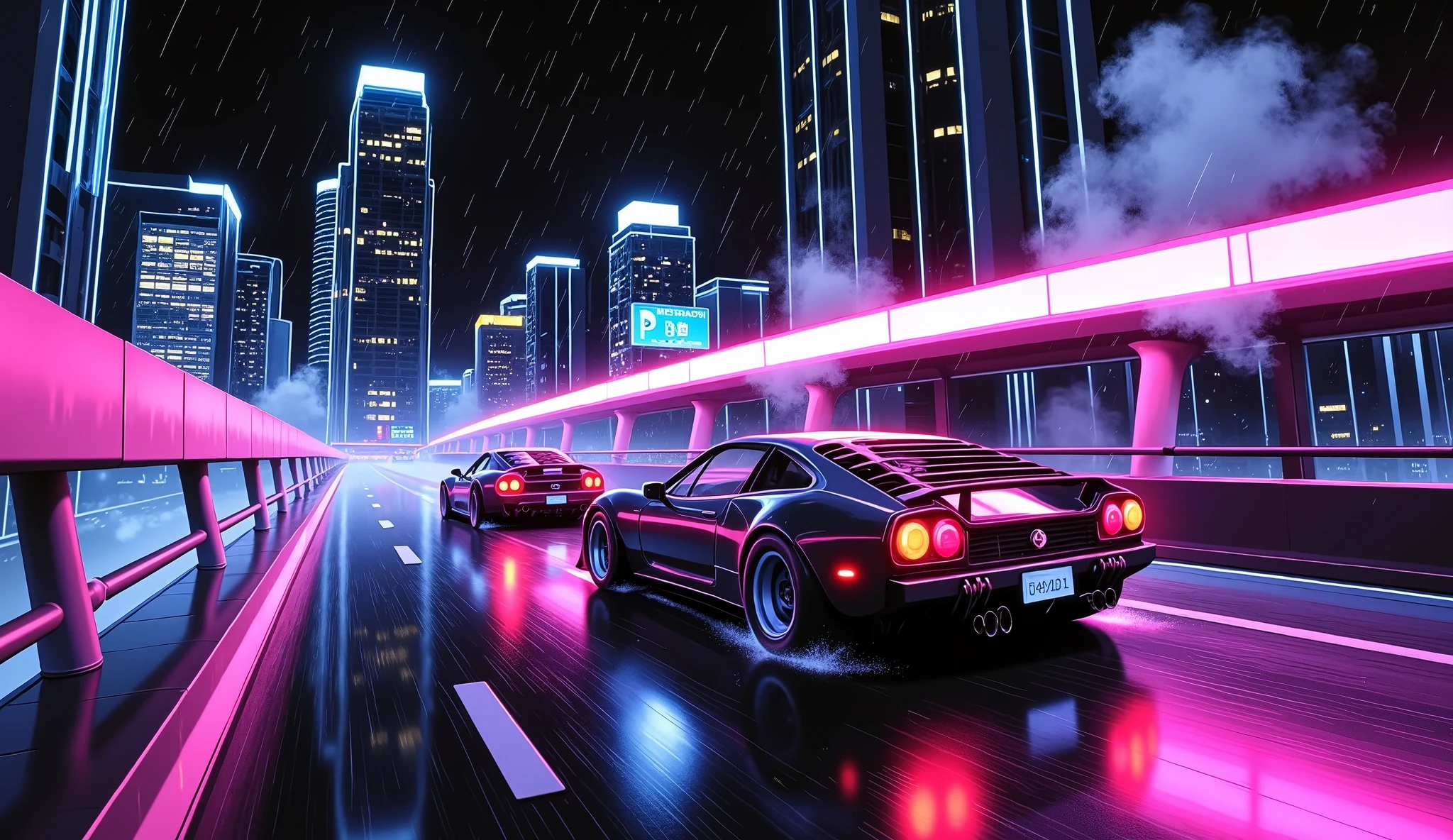 Vaporwave Art, City, Sports Cars, neon, retro future, Glitch Effects, highway, bright colors, 80s Inspiration, dark atmosphere, Synthwave Effects, Cityの風景, Rainy Streets Reflections, Night Setting , Stylized Fantasy, City lights, Smoke and Mist , Technology Advances, highwayを走る, Analog Nostalgia, Blurry Headlights, Vaporwave Art, high definition RAW color photo, professional photography, (8K,  RAW photos , top quality, masterpiece:1.2),