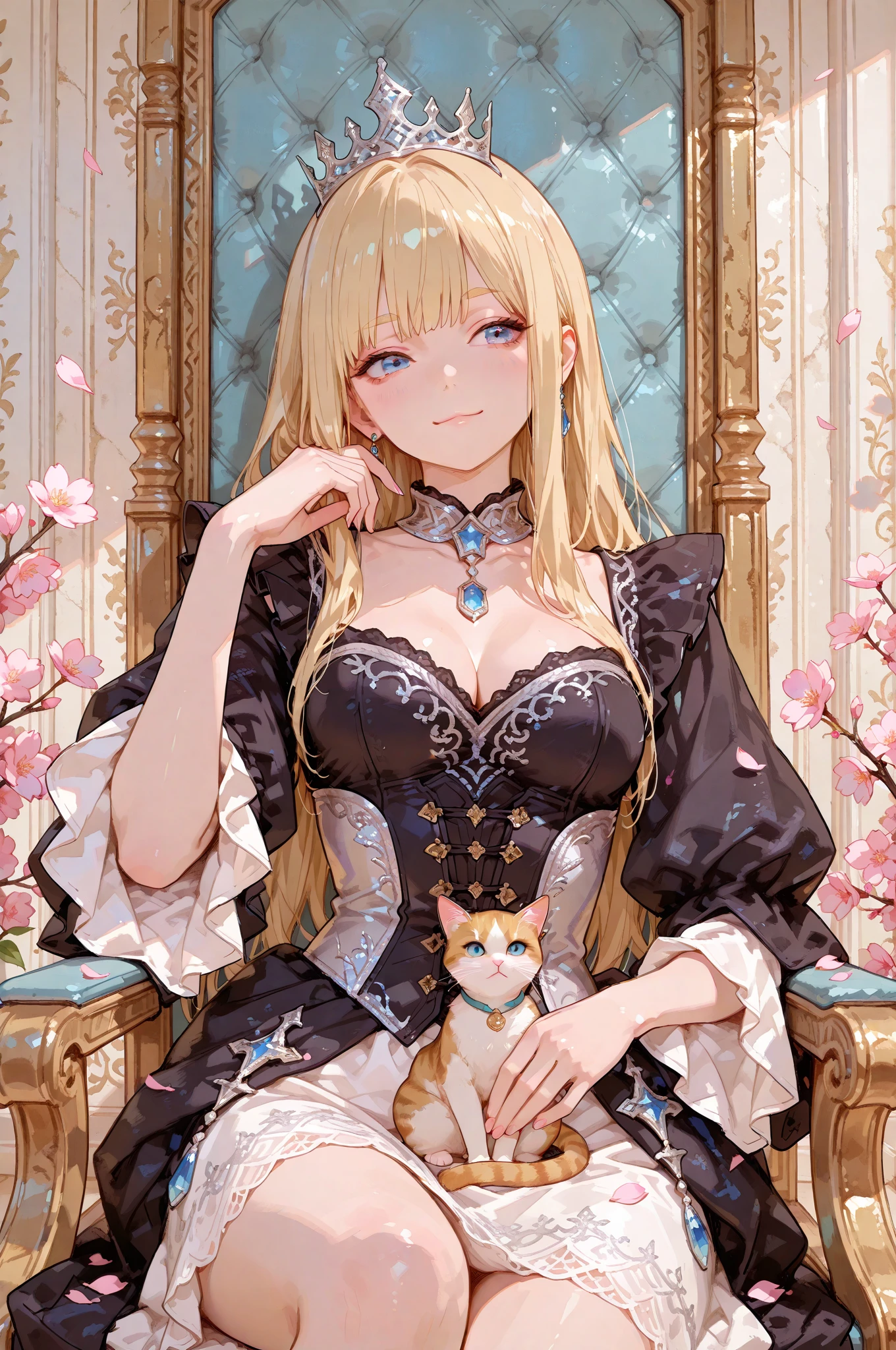 ((Finest quality)),(超A high resolution),(ultra-detailliert),((Best Anime)),sharpnes,Clair,Art with astounding depictions,Glamorous atmosphere:1.4, (dame:1.3,Glittering dresses),Sit on a chair and hold a cat to your chest