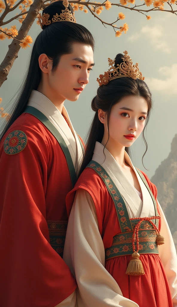 A age Korean prince boy from before with his crown and luxurious red Hanbok with a very beautiful Korean girl with a noble Hanbok
