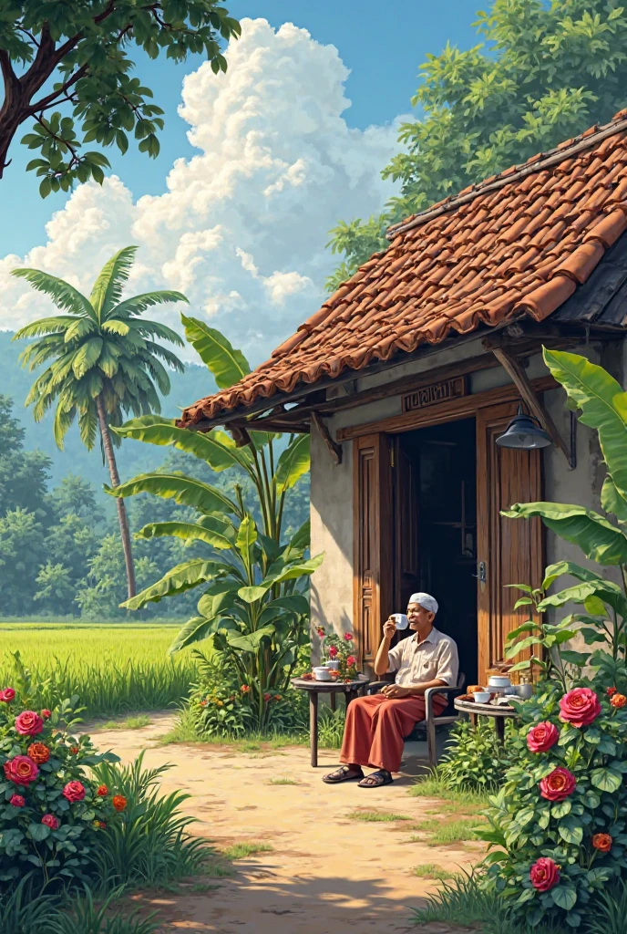 simple house,roof tile,room wall,Spacious yard,ada sawah,there is a banana tree,there are colorful roses,there's grandpa sitting having coffee on the seat next to the door,indonesia