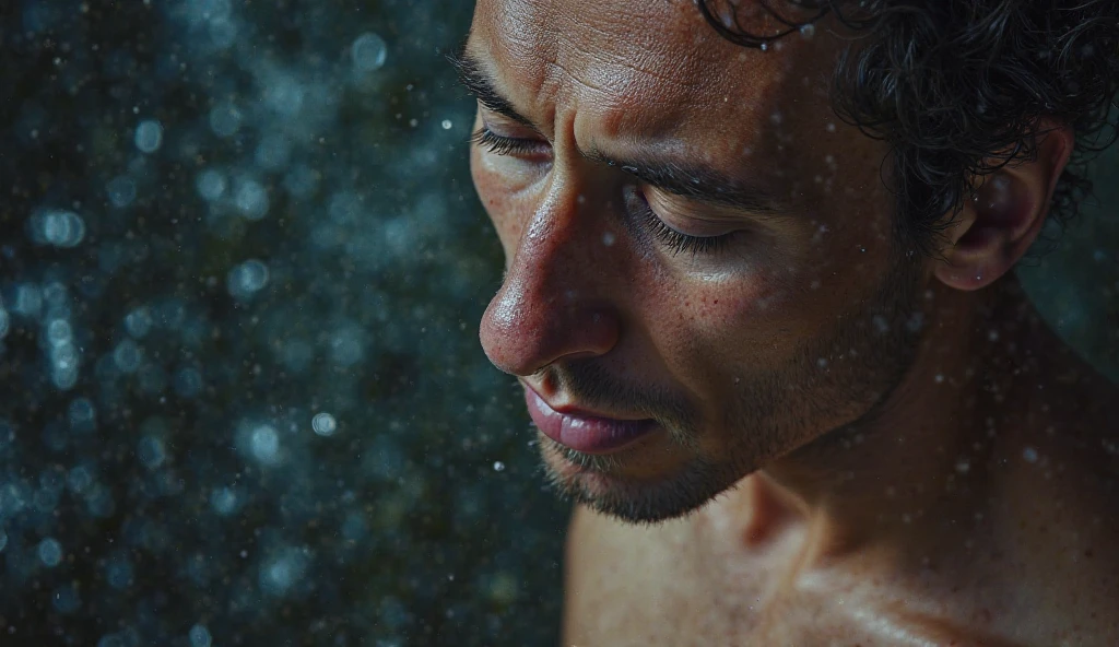random upper body photography, dark gym team shower, (( a man taking hot shower alone)), not looking into camera, (natural skin, natural texture), ((((lots of mist)))), soft cinematic light, adobe lightroom, photolab, intricate, highly detailed, sharp focus, ((((cinematic look)))), insane details, intricate details, hyperdetailed, low contrast, soft cinematic light, exposure blend, dim colors, dim light, eyes closed