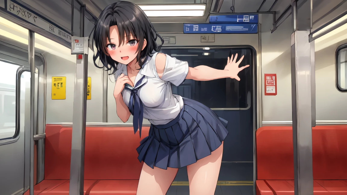 masterpiece, best quality, ultra-detailed, from below,
1woman, 25 yo, solo, beautiful detailed woman, black hair, looking at viewer,
surprised, embarrassed, blushing,
office worker,
standing, make fist, beautiful hands, beautiful fingers, make fist, hands on breasts,
(dark blue suit), (white collared shirt), (dark blue pleated skirt),upskirt from below
(white intricated panties), (white detailed panties),
indoor, office,