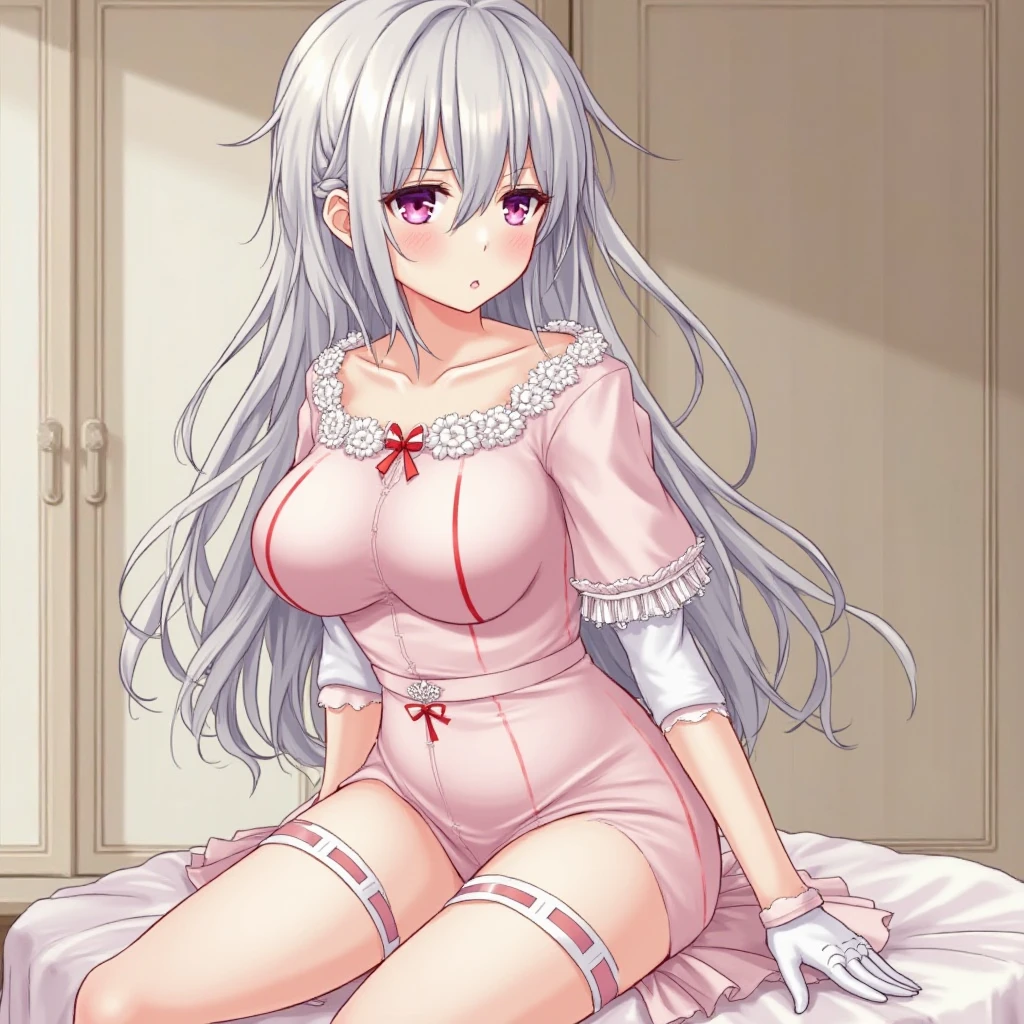 Anime girl sitting on bed in white dress,nedium breasts,cleavage,sheets, in dress, seductive anime girls, small curvaceous lolite anime waifu in a nice dress, anime moe art style, white-haired god, Soft anime illustration, shikamimi, Anime goddess, anime best girl, Best Rated on pixiv, anime visual of a cute girl, oppai