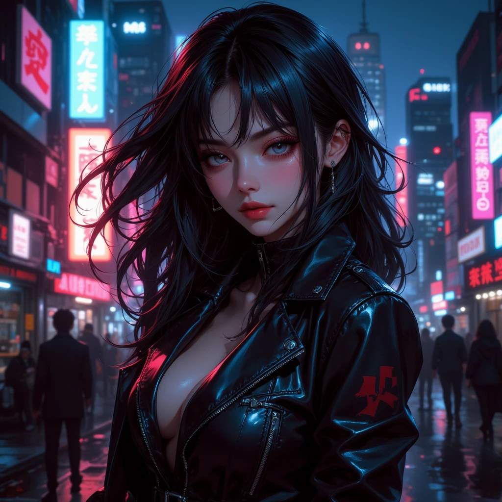 "Portrait of a confident anime woman in a leather jacket, subtle smirk, windswept hair, neon-lit city skyline in the blurred background."