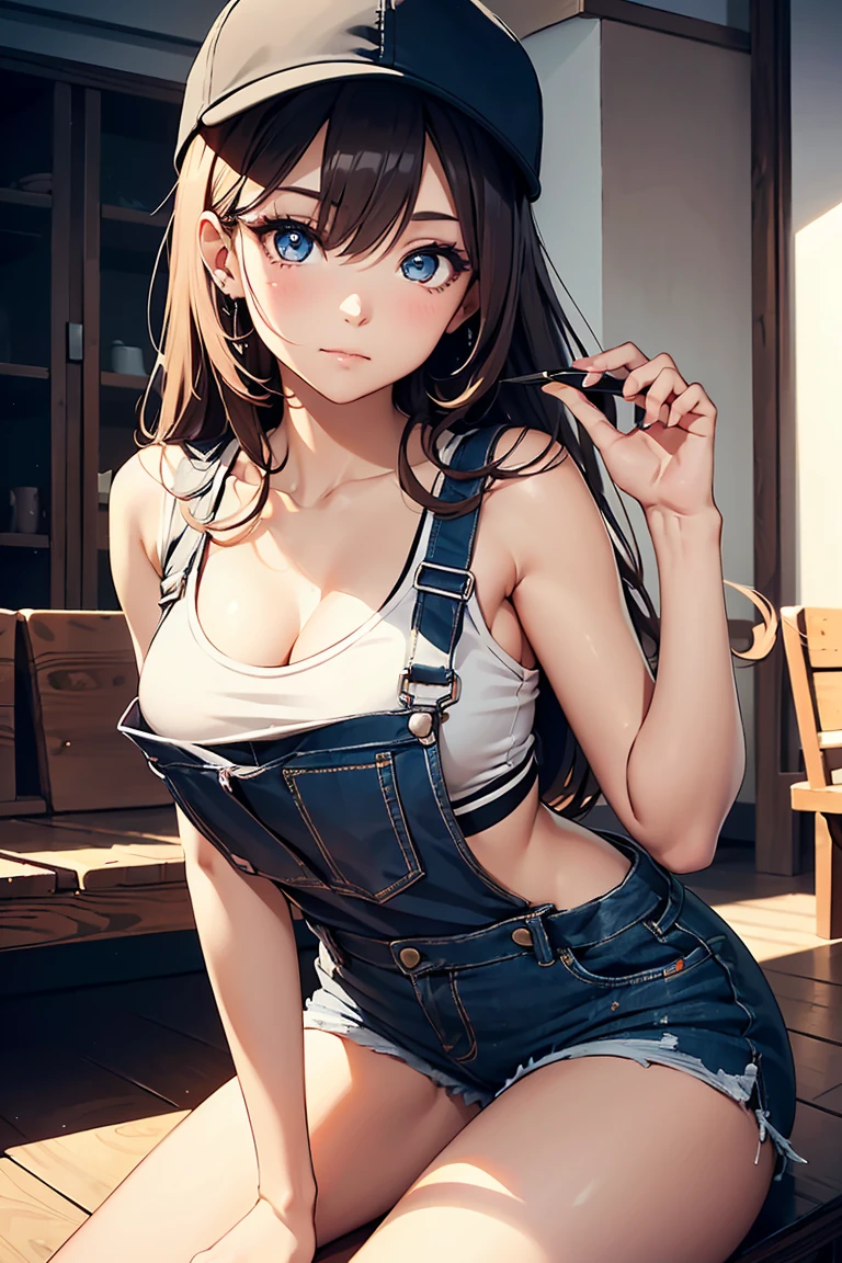 (((Masterpiece, Highest Quality, Face Focus)), 27-year-old single woman exudes an alluring charm as she poses confidently in her collared shirt, the lack of a tie adding an unpretentious touch to her attire. The denim jeans cling to her slender figure, accentuating her thin, flat chest. Her jet black, messy hair cascades down her shoulders, framing her face. Her red eyes, adorned with dark circles, have a captivating intensity with no expression, and her smile is barely noticeable, a mere hint of a curve at the corners of her lips. Her gaze, fixed on the viewer, is intriguing