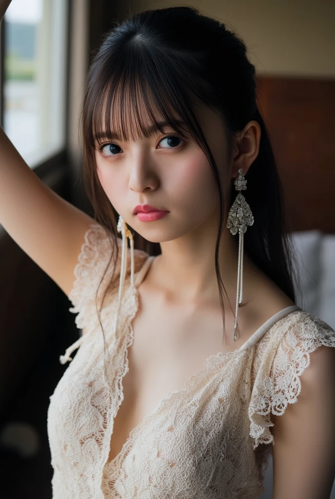 Half body photo, a beautiful woman, messy hair, girly, Symmetrical bun, hair accessories, jewelry, delicate face, eye shadow, belly button, Dunhuang style, delicate embroidery, silver jewelry, silver streamer, white streamer, Light blue streamer, delicate skin, soft Light effect, delicate and Light Slippery hair, Exquisite details, Eye highLights, White skin, Delicate depiction, extreme details, quality, thin, thin and long, broken, hair details, thin bangs, Shawl hair, right body, shadow, Air bangs, 8K, Super fine, fine fabric texture, soft, Light Slippery, Light Slippery texture, Dunhuang style, Beautiful pattern, correct hand painting, anatomically correct, precise, night, dark night, Light, Tyndall effect, Light line tracing, Head-up display, medium breasts, split, Sexy tong, light blush