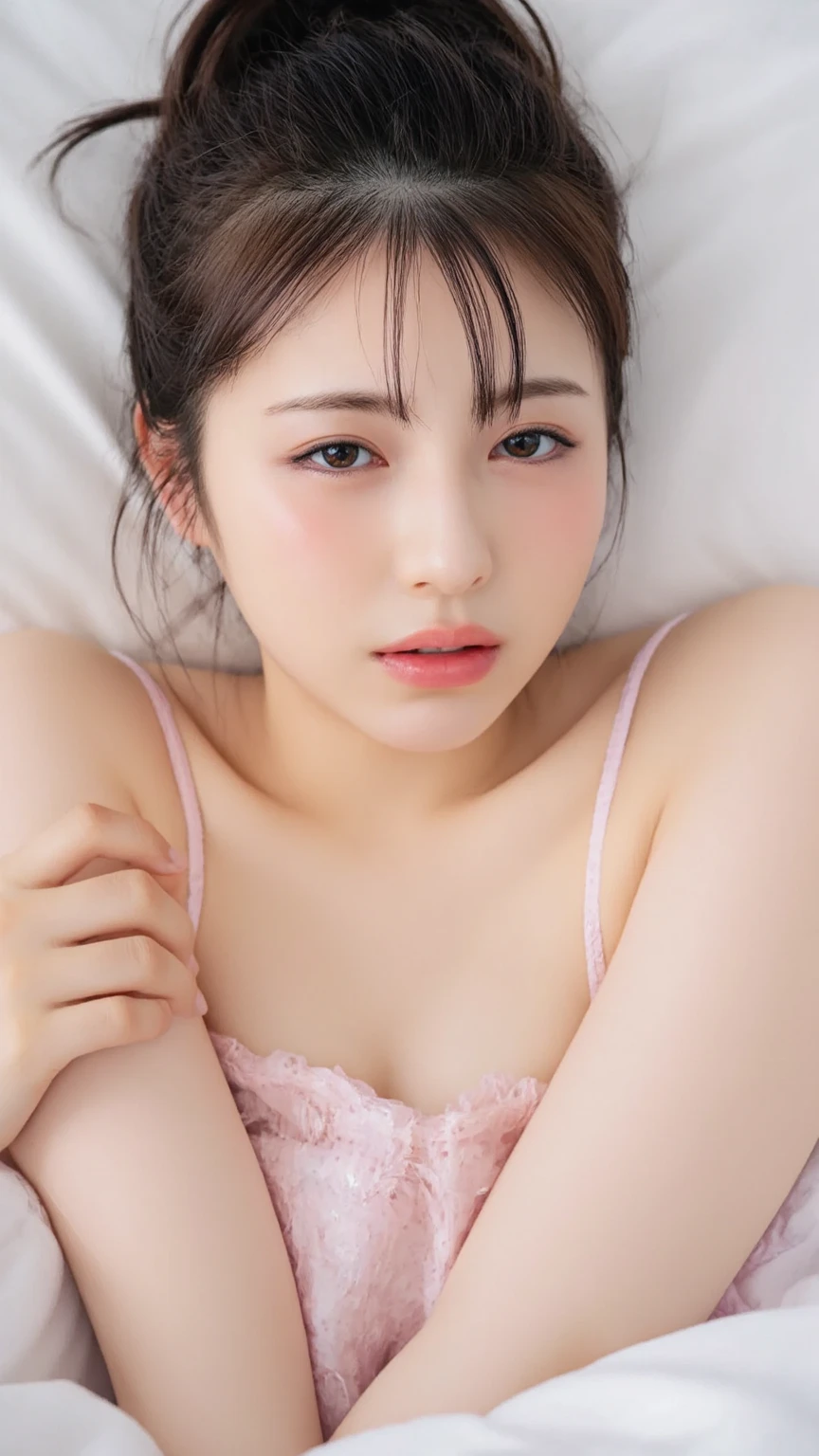 (original: 1.2), (realistic: 1.3), Cute with beautiful details, highly detailed eyes and face, Cute detail eyes, medium breasts, In underwear、on the bed、On your back、Around 12 years old、Highly exposed、topless