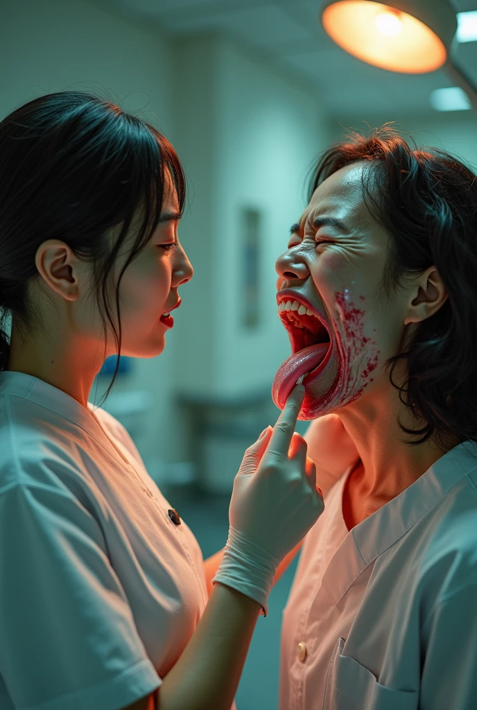 Woman with a crazy face next to a sane man,  inside a neuropsychiatric hospital 