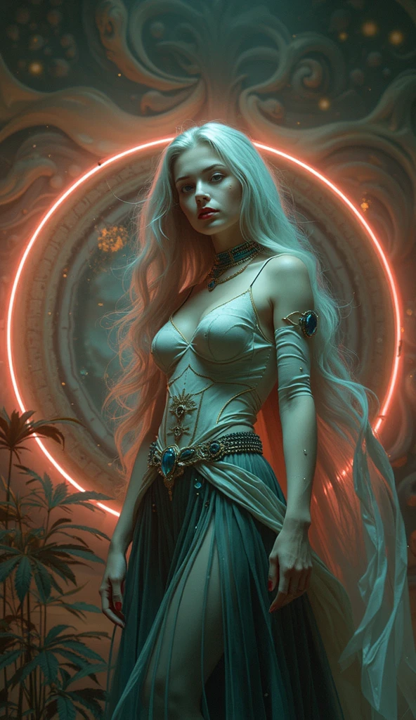 A classic oil painting style evokes a faded, vintage cinematic feel, like a Kodak 35mm photograph, portraying a dystopian, retro-futuristic time traveling tesseract, reincarnated ascended being, goddess, unseelie sidhe, midian dweller, sharp, assassin of the astral plane, voidwalker, dream warrior, she is powerfully positioned against a swirling elemental background that includes a portal to an analog dreamwave liminal space suggesting a deep space civilization. She wears a mesmerizing outfit blending postmodern futurism and retro surrealism with faded pastels and neon accents. Mirrorless 32k DSLR, raw, f1.4, ISO 100, long exposure, focused lighting, custom everything, collab drops trending, sublimal messages hinting at cannabis culture. 
