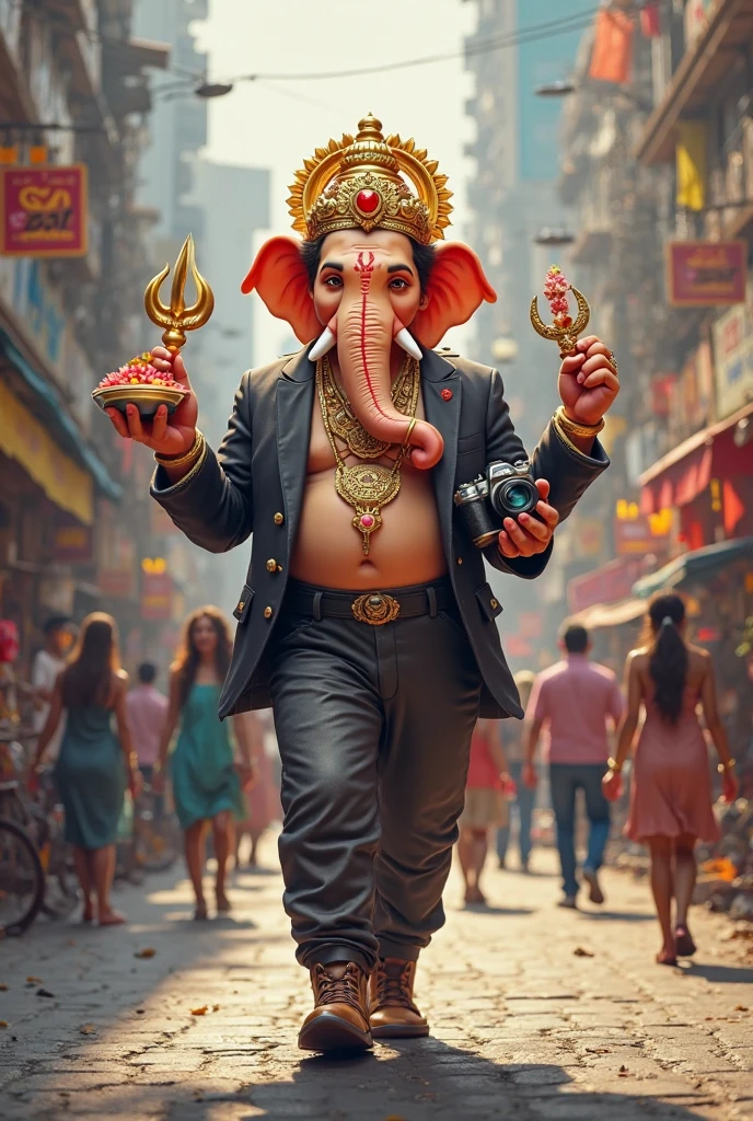 "Imagine Ganesh Ji with mouse, the revered Hindu deity, strolling down a bustling road. He holds a colorful umbrella in his hand, which contrasts with his traditional attire and the lively urban backdrop. The scene blends the divine with the everyday, showcasing Ganesh Ji's with mouse serene presence amidst the modern world