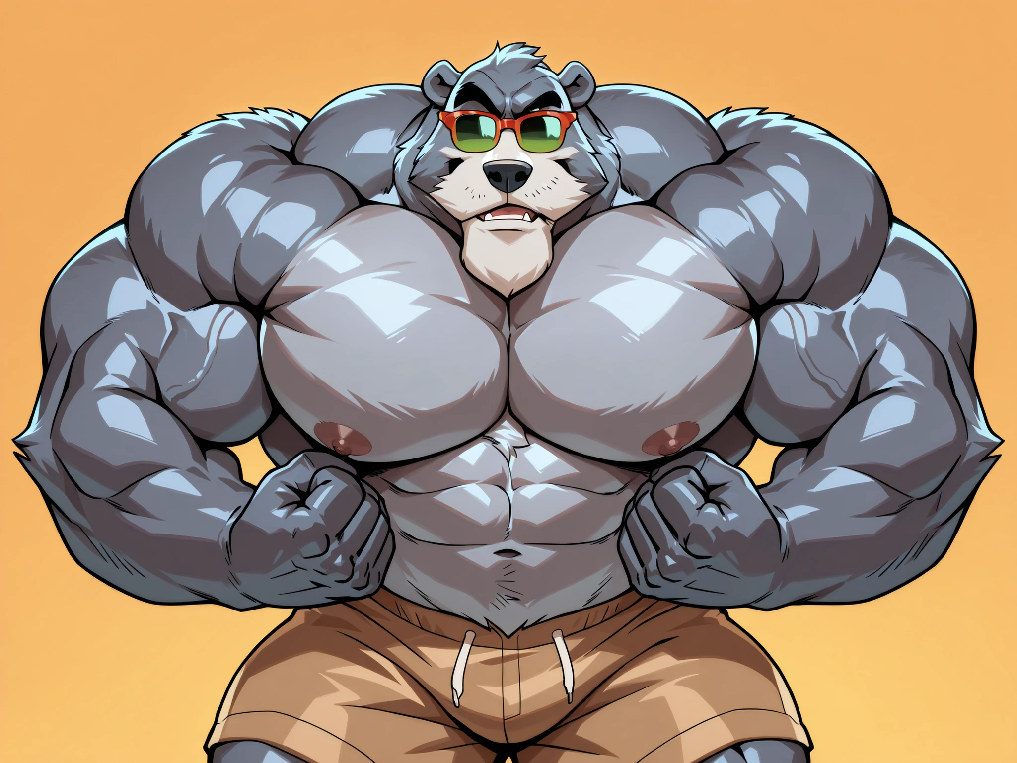 solo, 1boy, Huge Muscular Old bear wearing glasses, brown fur, hairy pectoral, huge pectoral, wide pectoral, short white hair, short pants and shirtless, bearded, mustache, simple background, masterpiece, high detailed, 8k, high resolution