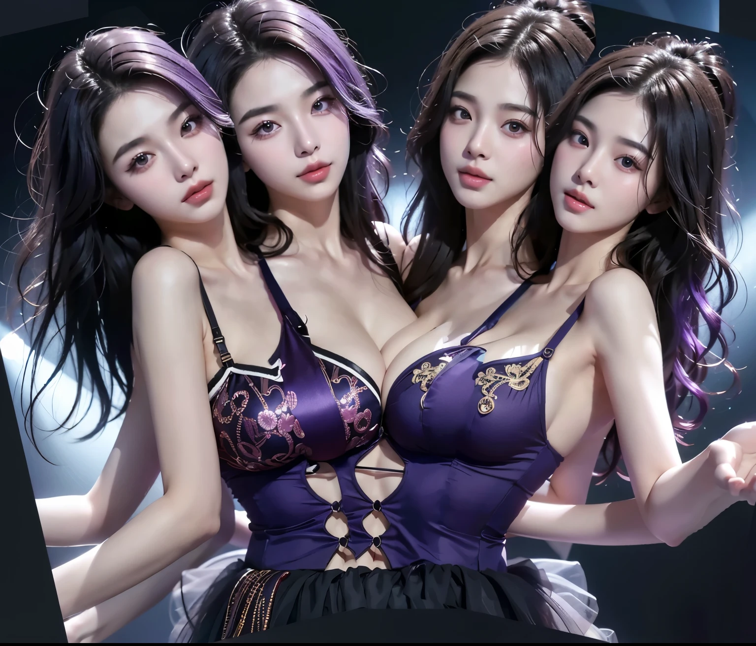 (Finest quality)),(A high resolution),(ultra-detailed art),(Meticulous portrayal),((Best Anime)),(Finest works of art),sharpness,Clear,Ultra-Precision Art,The art of astounding depiction,(masterpiece), high quality, stable diffusion,
short Hair, short ponytail, purple hair, vibrant purple hair, extremely detailed hair, detailed bangs, with bangs,
pretty face, beautiful lips, soft lips,pretty face, close up face, gorgeous beauty,
green eyes,
serious face, pretty nose, beautiful nose, perfect nose, pretty eyes, beautiful eyes, sparkling eyes, detailed eyes, perfect eyes, looking at the camera,
happy, jolly, smiling, seductive, blushing, bukake, happy face, jolly face, excited face,
clear skin,white skin, soft skin, small bust, small breasts, smooth skin, mole in breast,
beautiful girl irene, red velvet irene,
slight cleavage, expose shoulders, perfect body, detailed thighs, detailed legs, perfect hands, perfect arms, detailed hands, detailed breasts, detailed nose, detailed lips, detailed arms, sexy body,
small bra, micro bra, small panty, micro panty, camel toe,
single person, one female only, one human only, one person only, single female, show tongue, sexy thighs, sexy tongue, drooling,
show whole body, fully body woman,
pretty woman,sweaty face, sweaty thighs, sweaty breasts, sexy, seductive, horny, pointy nipples, pinkish nipples, pinkish areola, pinking camel toe,
transparent nipples, transparent panty,
heart hand sign,
slimy hair, slimy wet body, slimy body, slimy breasts,
body details,
standing full body, focus on breasts and panty,
show legs, show thighs, cute standing female, horny female, four horny girls, four girls standing seductively, four girls with different hair colors,
wearing , happy friends laughing hard,