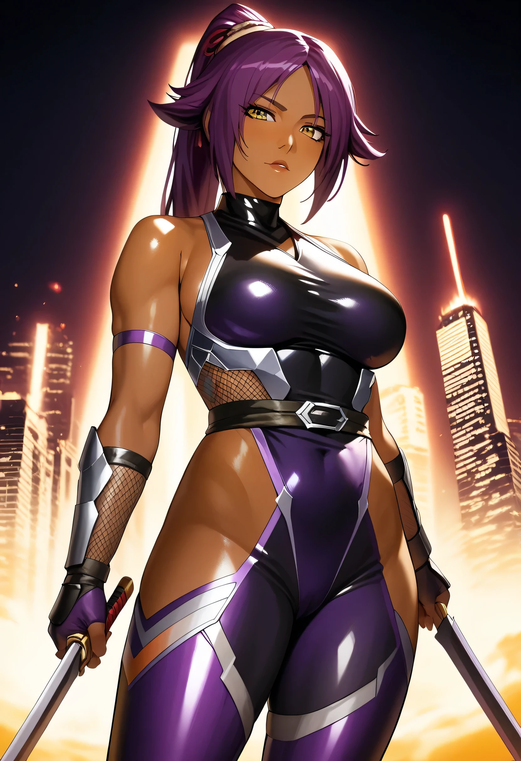 score_9, score_8_up, score_7_up, score_6_up, score_5_up, source_anime, kagami hirokata, uncensored,  BREAK
Koukawa is standing in batlle pose and holding daggers in dual wielding, dagger, holding dagger,
1girl, solo, mature female, cowboy shot, full body,
looking at viewer, smile,
purple hair, long hair,  purple eyes,
black bodysuit, gold trim, fishnets, armored boots, elbow fingerless gloves,  bare shoulders, 
 curvy, large breasts, cleavage, 
on rooftop, night, sky, neon cityscape background, 
