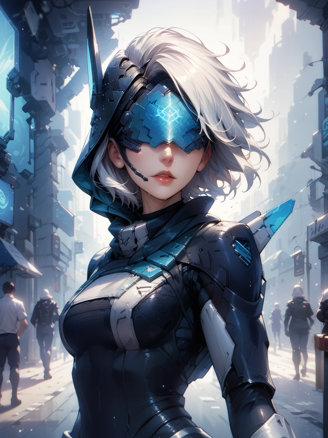 score_9, score_8_up, score_7_up, source_anime, project ashe, white hair, short hair, skin tight, bangs, eyepatch, hood up, blue-tinted mask, covered eyes, perfect eyes, anatomically perfect