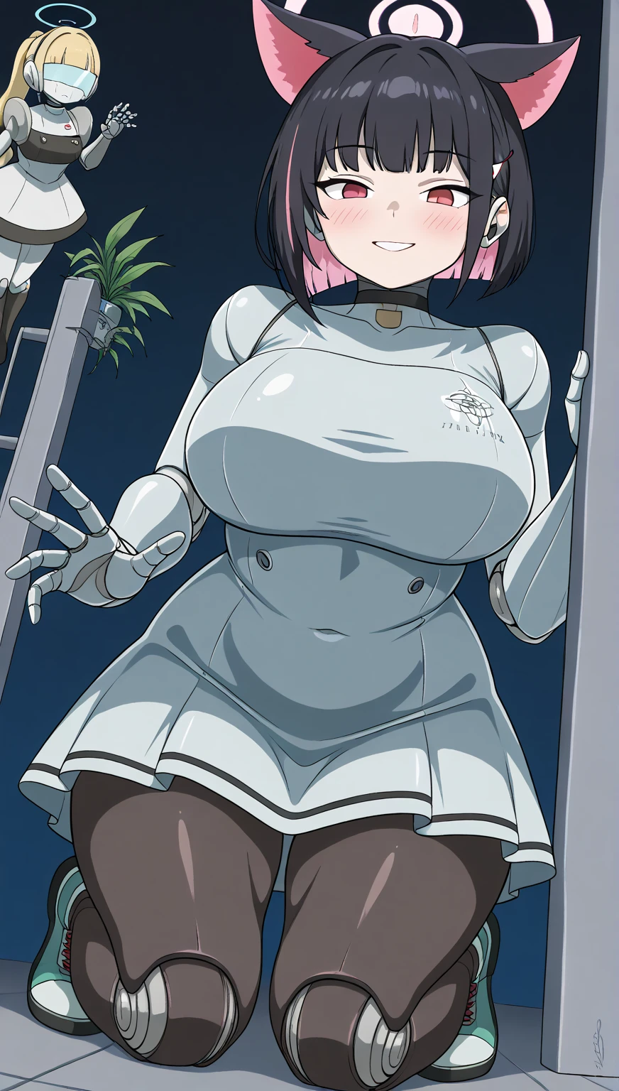 ((masterpiece)),(best quality),(detailed), 1girl, short hair, purple hair, messy hair, red eyes, grin, (dark skin:1.3), white dress, wet clothes, portrait, huge breasts