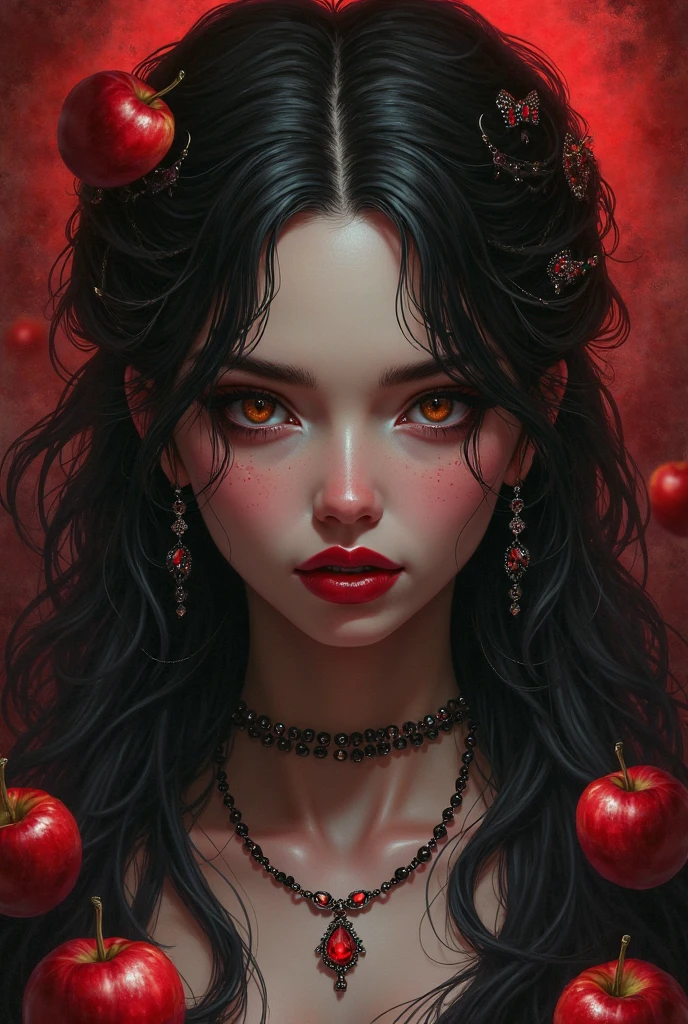 garota,black and long hair，，accessories，，poisoned apples， witch queen，red lipstick background