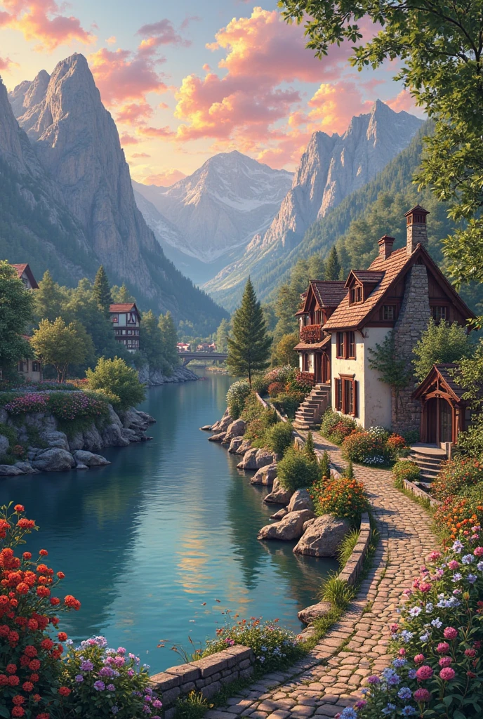 A small town by the river, mountains in the background, colorful floral flowers, detailed landscape, beautiful natural landscapes, atmospheric lighting, scorching sunset, warm colors, practical, photographic, detailed foliage, complex buildings, cobblestone street, charming country house, vibrant colors, lush vegetation, reflections in the water,  picturesque, idyllic, artwork, better quality, 8K, extremely detailed, anime style