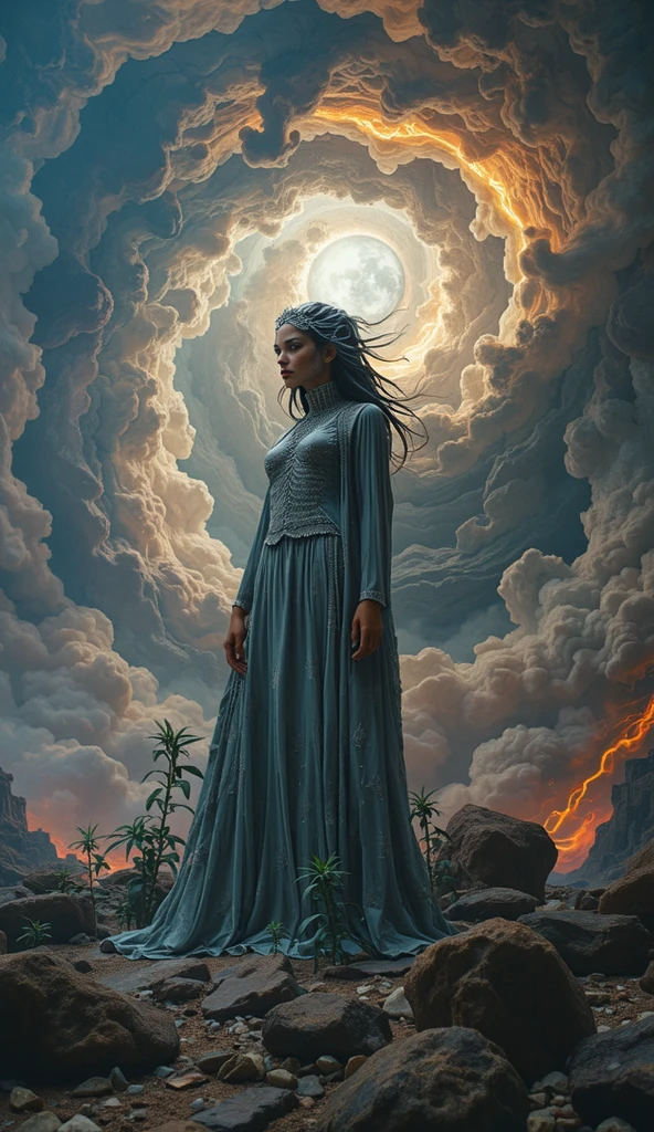 A classic oil painting style evokes a faded, vintage cinematic feel, like a Kodak 35mm photograph, portraying a dystopian, retro-futuristic time traveling tesseract, reincarnated ascended being, goddess, unseelie sidhe, midian dweller, sharp, assassin of the astral plane, voidwalker, dream warrior, she is powerfully positioned against a swirling elemental background that includes a portal to an analog dreamwave liminal space suggesting a deep space civilization. She wears a mesmerizing outfit blending postmodern futurism and retro surrealism with faded pastels and neon accents. Mirrorless 32k DSLR, raw, f1.4, ISO 100, long exposure, focused lighting, custom everything, collab drops trending, sublimal messages hinting at cannabis culture. 