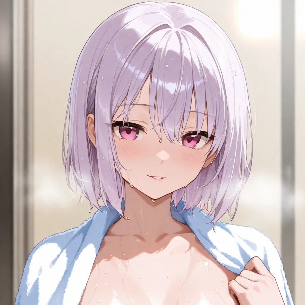 Masterpiece,Highest quality,8k,Ultra-high resolution,appropriate margins,lighting,BREAK,1 person,Very beautiful adult woman,Slim body,Very large breasts,Deep cleavage,Moisturized Skin,BREAK,Silver Hair,(No bangs,Show your forehead),mascara,Red eyeliner,Light pink lip,Thin teak,Thick upper eyelashes,Thin eyebrows,BREAK,Light purple eyes,BREAK,Embarrassed,Shy smile,BREAK,short hair,BREAK,Bathrobes,BREAK,Watching the audience,White liquid splattered from the nipples,nsfw ,Swollen nipples,Climax