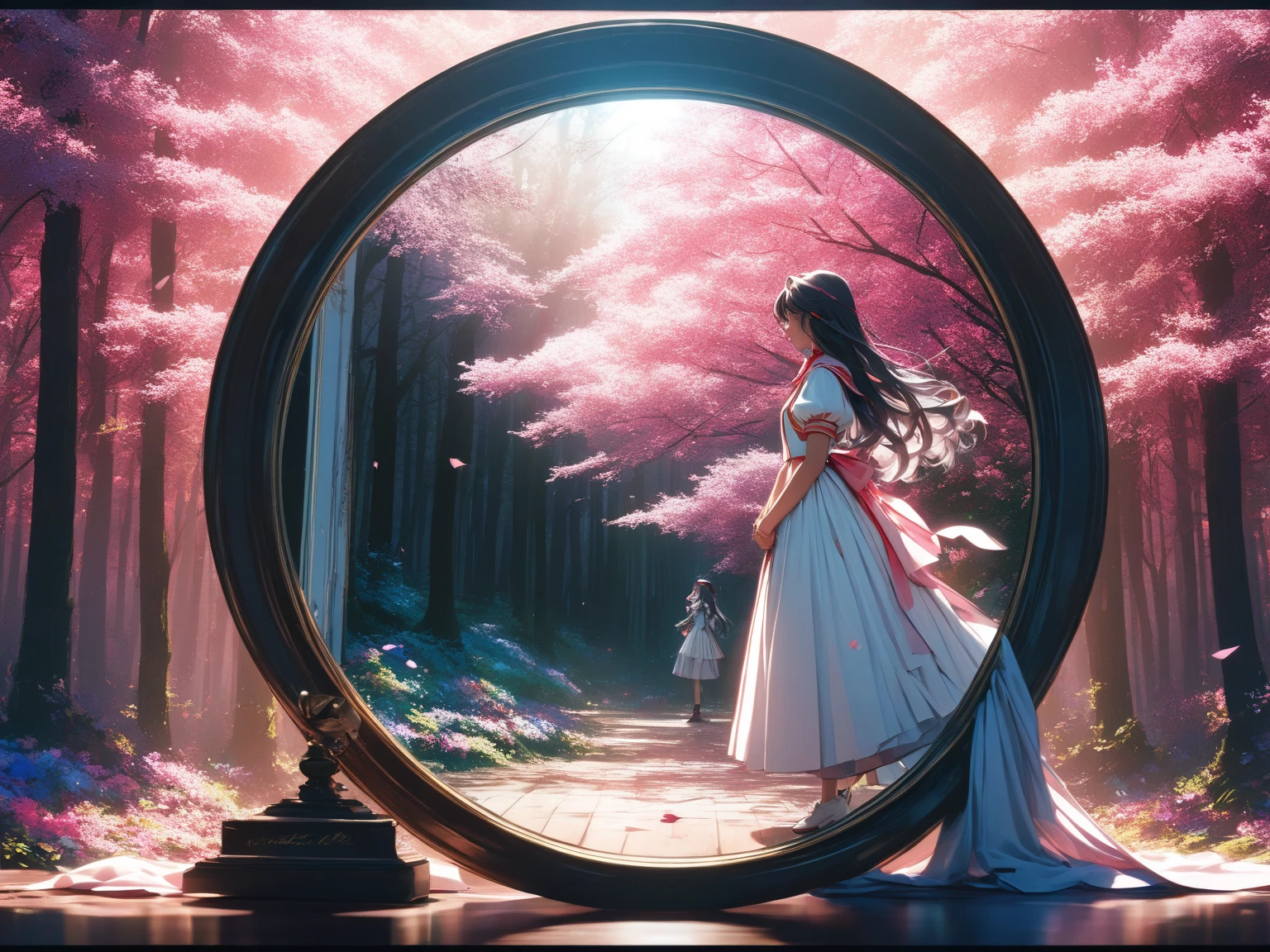 (Shoujo Kakumei Utena Style shadow picture:1.5),(sシルエット) ,(vaporwave:1.5),Cyber nostalgia explosion,Glitch Effects,pink gradation, (masterpiece, best quality:1.2, 8k,16k,high-resolution,(Mirror clock:1.3)（Dark Forest:1.3),Fantasy World、It suddenly happened one day, and the beginning was a letter, and the sender lived a long time ago, such a mysterious encounter

There are things like this in my time now, and we live like this, a romance that somehow blossomed while we were putting it into letters and communicating with each other

Words spelled from each of our worlds that we will never meet without even knowing how to solicit feelings

I'm always waiting impatiently for your words, I live in a different era, but I want to communicate with you over and over again if your wishes come true, I want to meet you because it's fine at first sight because I like you

What I suddenly remembered was the era you live in, what will happen tomorrow, if I have to tell you sad things, please wake up, miracle

Passing by and the changing seasons, letters that have been interrupted since then, only words that don't arrive anymore tighten my heart

I'm still walking in the future that you wanted to see 100 years far away, now I'm still walking, the letter that arrived to me with painful feelings in my heart looks familiar and the characters I've been waiting for

It's the last love letter you wrote to me beyond that day, I'll hold on to the proof that you lived in your time even after eight generations, and I'm going to tell you all that I see in my time someday