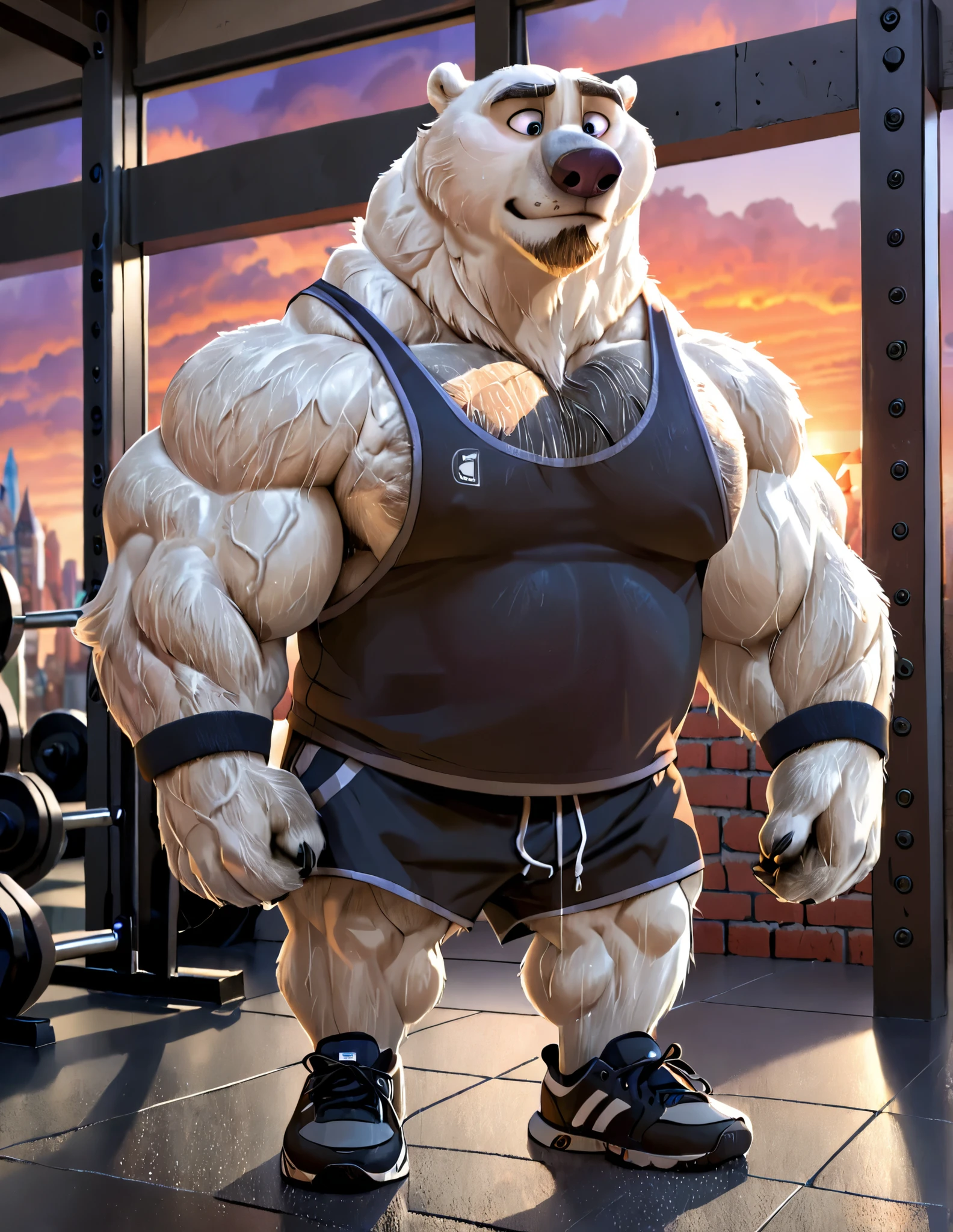 huge muscular polar bear in muscle fitness center, big bulk workout, grunting noise, polar bear, huge thick white fur, thick arm, huge arm, thick neck, added gray mustach and beard, Short white hair, height: 7’8, weight: 350lbs, (veiny muscular, veiny pectoral, wide pectoral, thick arms), brick building gym, weight equipments, sunset window, Zootopia, Disney, 8k, masterpiece, gray eyebrows added, added eyes with blue pupils, (wearing black gym shorts, black wristbands, black gym tank top, black socks and black gym shoes),
