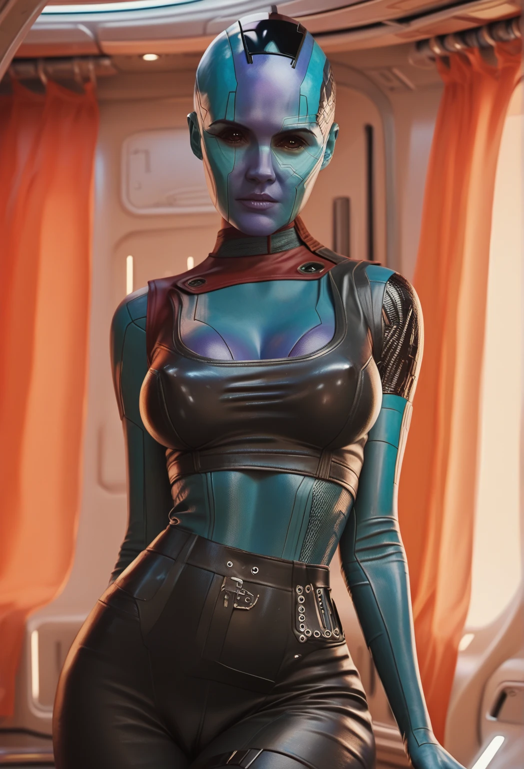 Karen Gillan is Nebula bald woman with ((blue skin)) guardians of the galaxy Marvel,((( purple clothes))), 35mm lens, photography, ultra details, HDR, UHD,8K