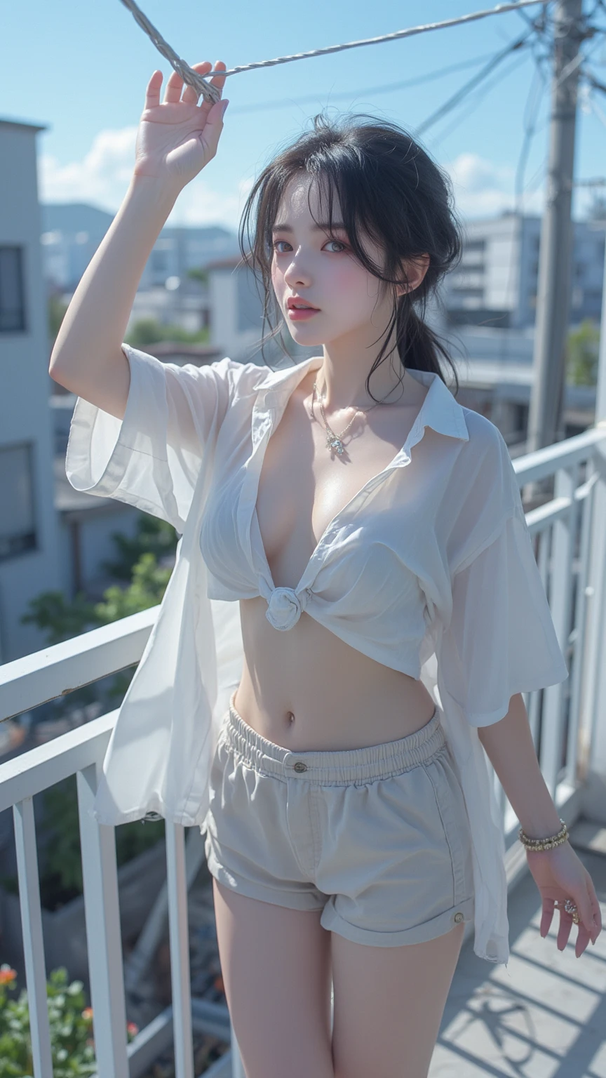 photorealistic, erotic pose, (shot from below:1.2), (intricate details, exaggerated details, ultra high details), self-portrait, (1girl, beautiful, delicate face, innocent, pale skin, short (white) wavy hair), (bandage wrapped around arms), ((modern gray kimono, ancient shorts with (side slits)):1.2), small waist, ((wide thigh gap, wide thighs):1.2), (masterpiece)